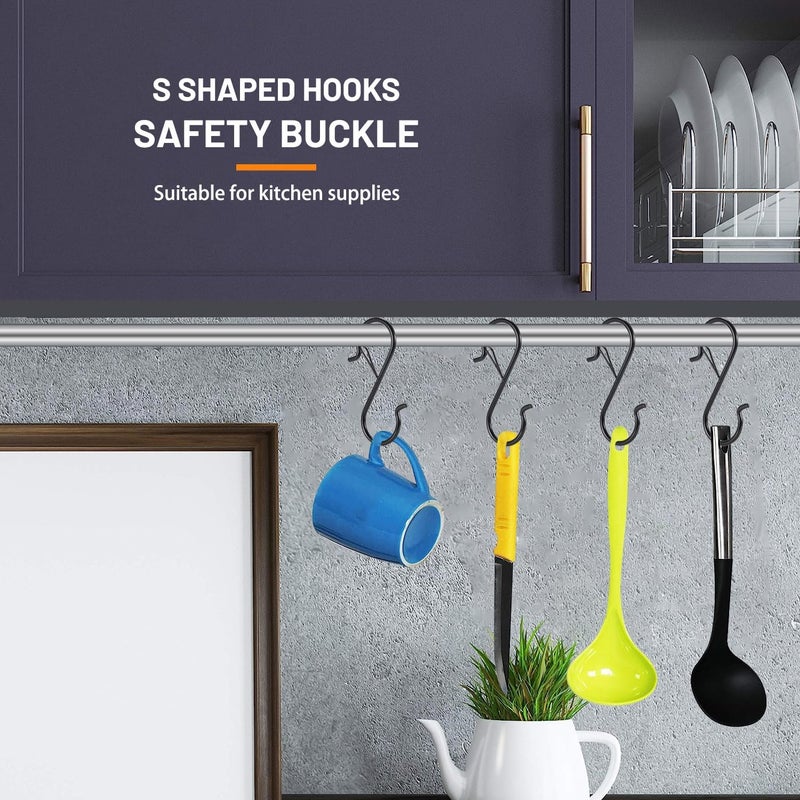 iCafePub 24 PCS S Hooks for Hanging with Safety Buckle, 3.5 inch Heavy Duty Metal S Shaped Hooks for Kitchen Utensil, Cups, Pots, Plants, Bags, Hats (Black) - Image 3